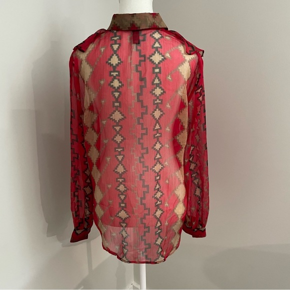 Lauren Ralph Lauren Red Aztec Southwestern Ruffle Button Up Sheer Blouse Size M - Picture 6 of 9